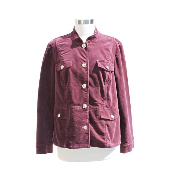 Chicos Women's Burgundy Velvet Blazer Classic Military Style Fall Winter Size M - Picture 1 of 13